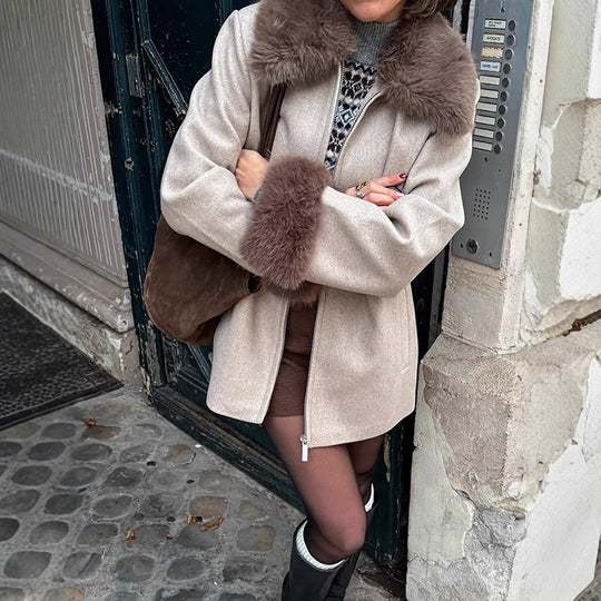 Damen Eleganter Kurzmantel aus Wollmix mit abnehmbarem Webpelzkragen und verdecktem Zweiwege-Reißverschluss Shop Nory
