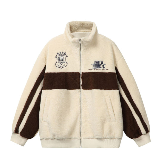 Unisex Sherpa‑Fleecejacke im Boxy‑Cut mit Stehkragen, Blockstreifen und Stickdetails Shop Nory