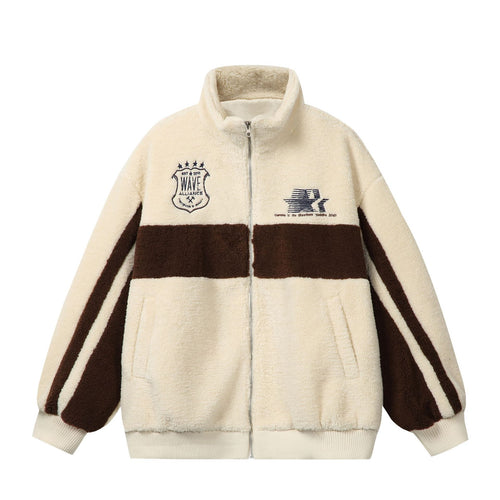 Unisex Sherpa‑Fleecejacke im Boxy‑Cut mit Stehkragen, Blockstreifen und Stickdetails Shop Nory