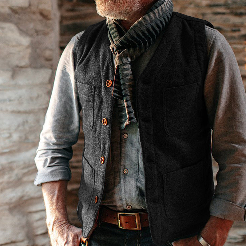 Herren Wolloptik‑Strukturweste mit V‑Ausschnitt, aufgesetzten Taschen & Knopfleiste Shop Nory