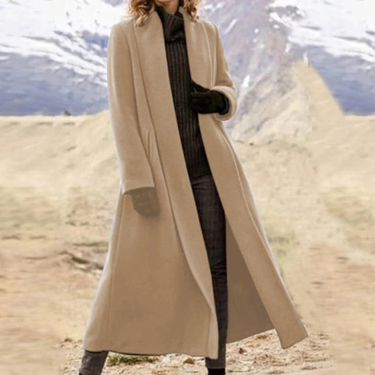 Damen eleganter langer Wollmix-Mantel mit offenem Fall und seitlichen Eingrifftaschen Shop Nory
