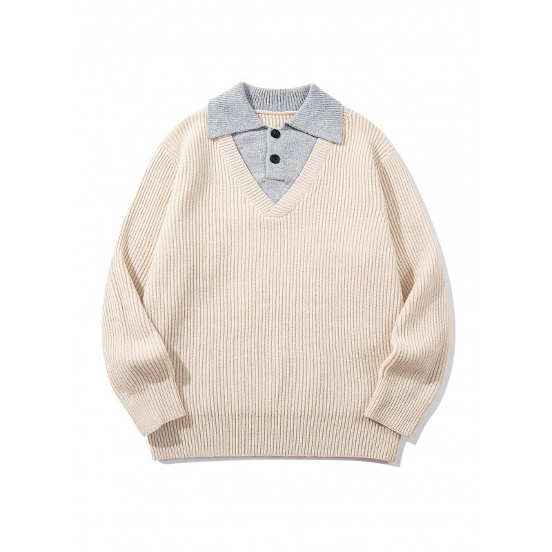 Unisex Grobstrick-Kastenpullover mit V-Ausschnitt und kontrastierendem Polo-Knopfkragen Shop Nory