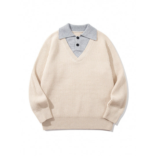 Unisex Grobstrick-Kastenpullover mit V-Ausschnitt und kontrastierendem Polo-Knopfkragen Shop Nory