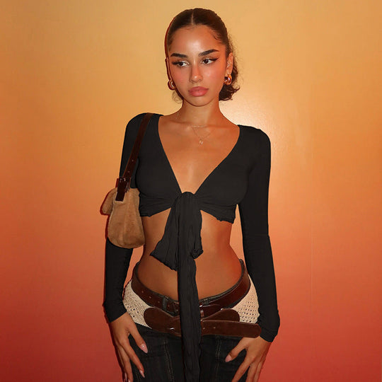 Damen Crop-Top mit verspieltem BindShopnoryand und langen Ärmeln