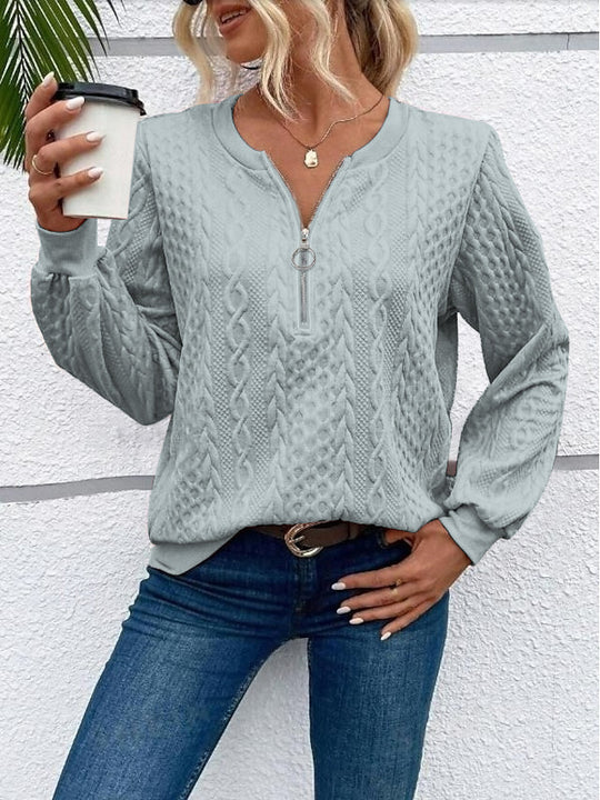 Damen grob strukturiertes Strickpullover mit Kabelmuster, halber Reißverschluss und Ballonärmel Shop Nory