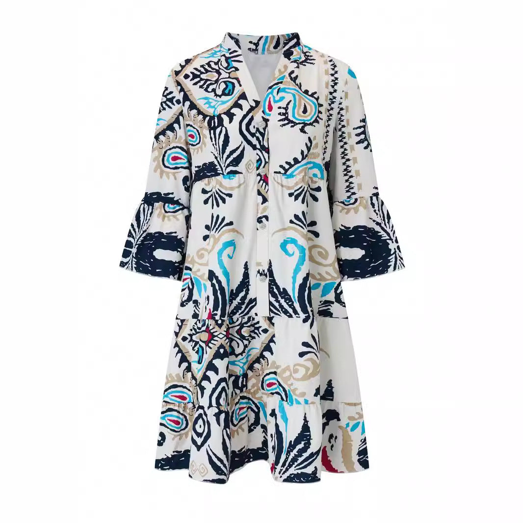 Damen Lässiges Stufenkleid mit Tellerrock und Trompetenärmeln Shop Nory
