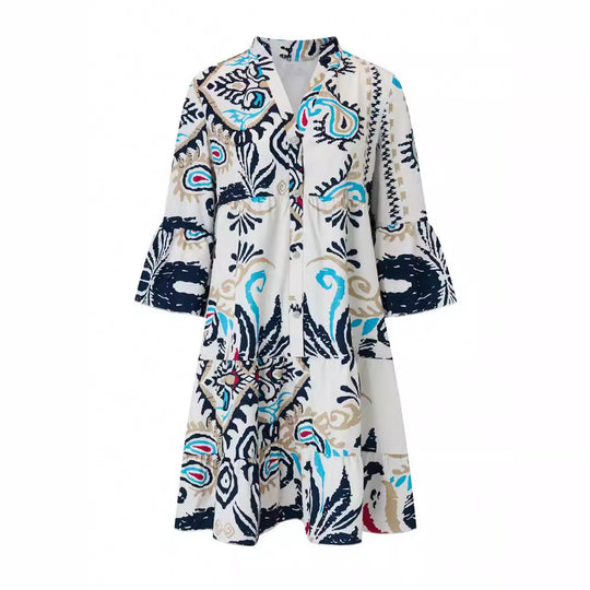 Damen Lässiges Stufenkleid mit Tellerrock und Trompetenärmeln Shop Nory