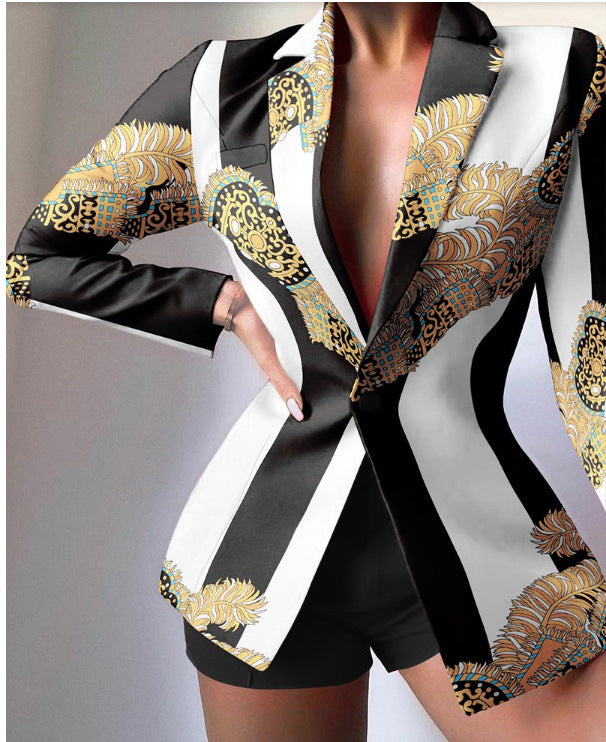 Damen taillierter Zebra-Muster-Longblazer mit betonter Taille und Single-Button Shop Nory