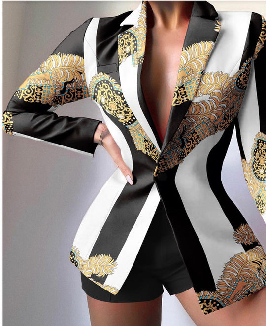 Damen taillierter Zebra-Muster-Longblazer mit betonter Taille und Single-Button Shop Nory