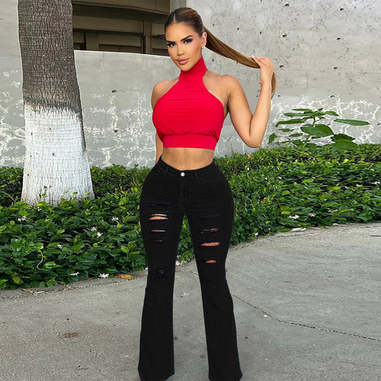 Damen Hochgeschnittene Schlagjeans mit auffälligen Horizontalrissen und Sculpting-Schnitt Shop Nory