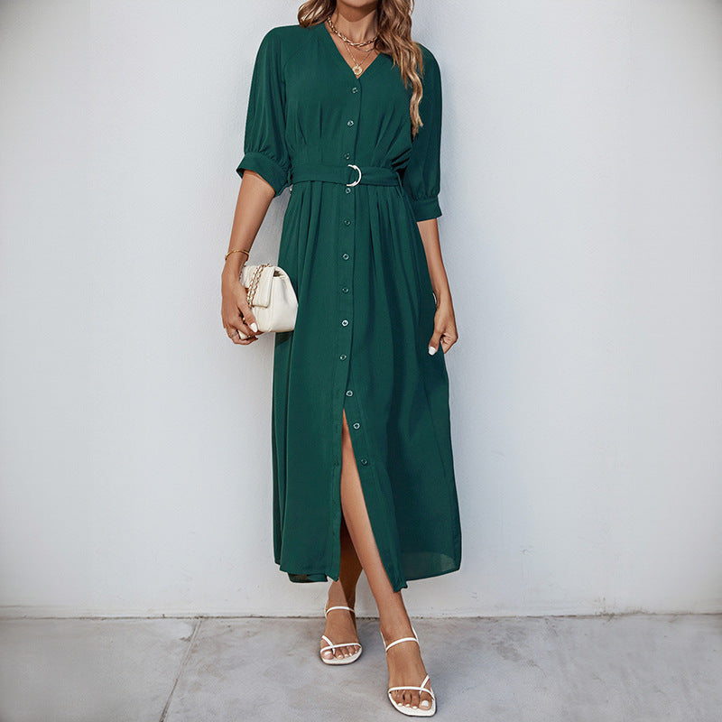 Damen Midikleid mit durchgehender Knopfleiste, V-Ausschnitt und D-Ring-Taillengürtel Shop Nory