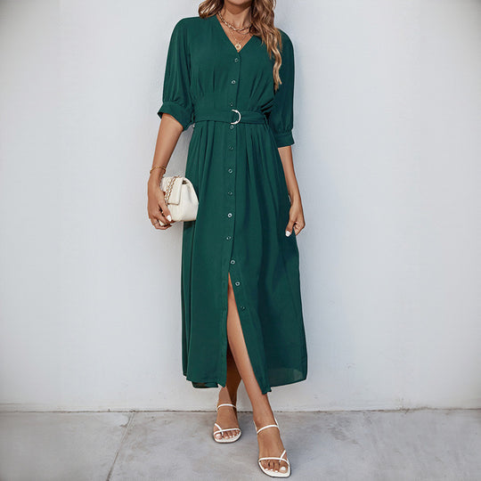 Damen Midikleid mit durchgehender Knopfleiste, V-Ausschnitt und D-Ring-Taillengürtel Shop Nory