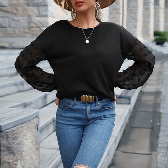 Damen Feinstrickpullover mit transparenten Chiffon-Ärmeln und Punktapplikationen Shop Nory