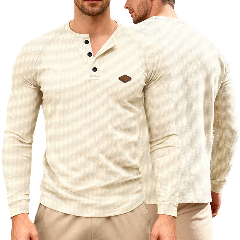 Herren nan Waffelstrick-Henley Langarmshirt mit Raglanärmeln, Halbknopfleiste und Lederlabel Shopnory