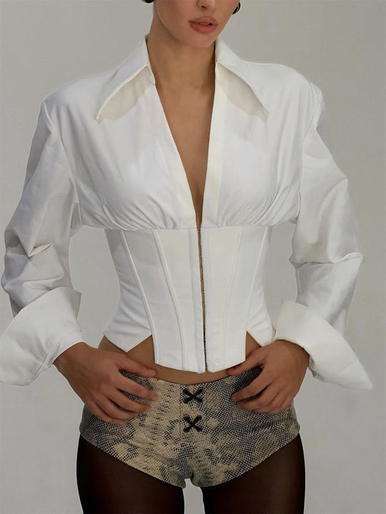 Damen Taillierter Korsett-Bustier mit integrierter Hemdbluse und Frontverschluss Shop Nory