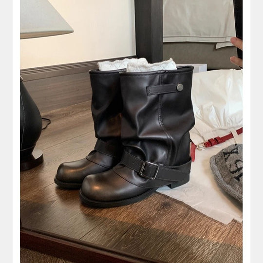 Damen Mid-Calf Bikerstiefel aus Glattleder mit verstellbarem Schnallenriemen Shop Nory