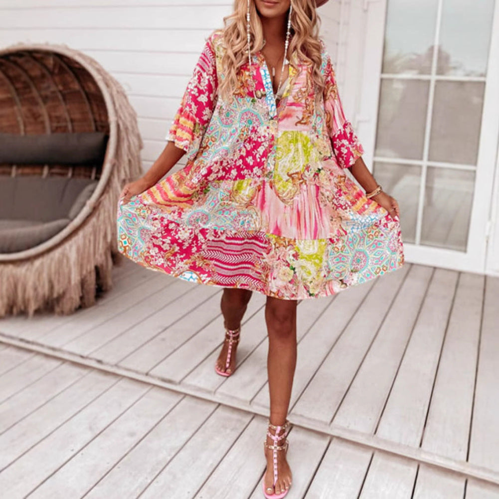 Damen nan Luftiges Stufenkleid im Patchwork-Boho-Stil mit Stehkragen, geraffter Taillennaht und Dreiviertelärmeln