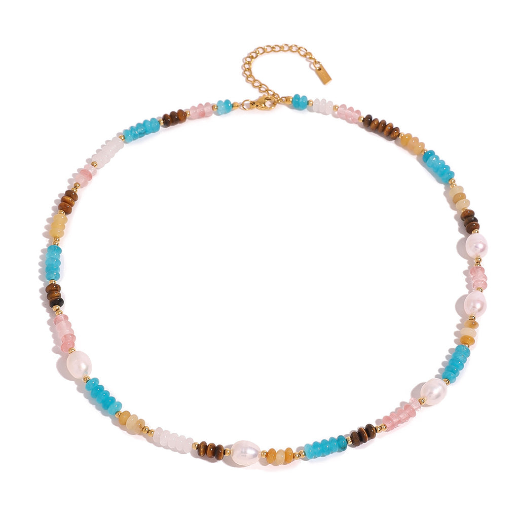 Damen Halskette mit bunten Natursteinen und eleganten Perlenakzenten Shop Nory
