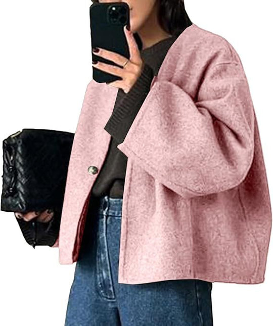 Damen Kurz geschnittene Oversize Wolljacke mit kastigem Schnitt und Ein-Knopf-Verschluss Shop Nory