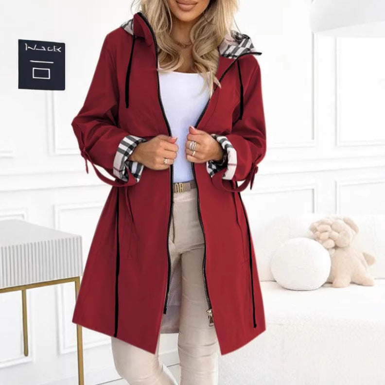 Damen nan taillierter Regenparka mit Kapuze kariert gefütterter Innenkragen und Tunnelzug Shop Nory