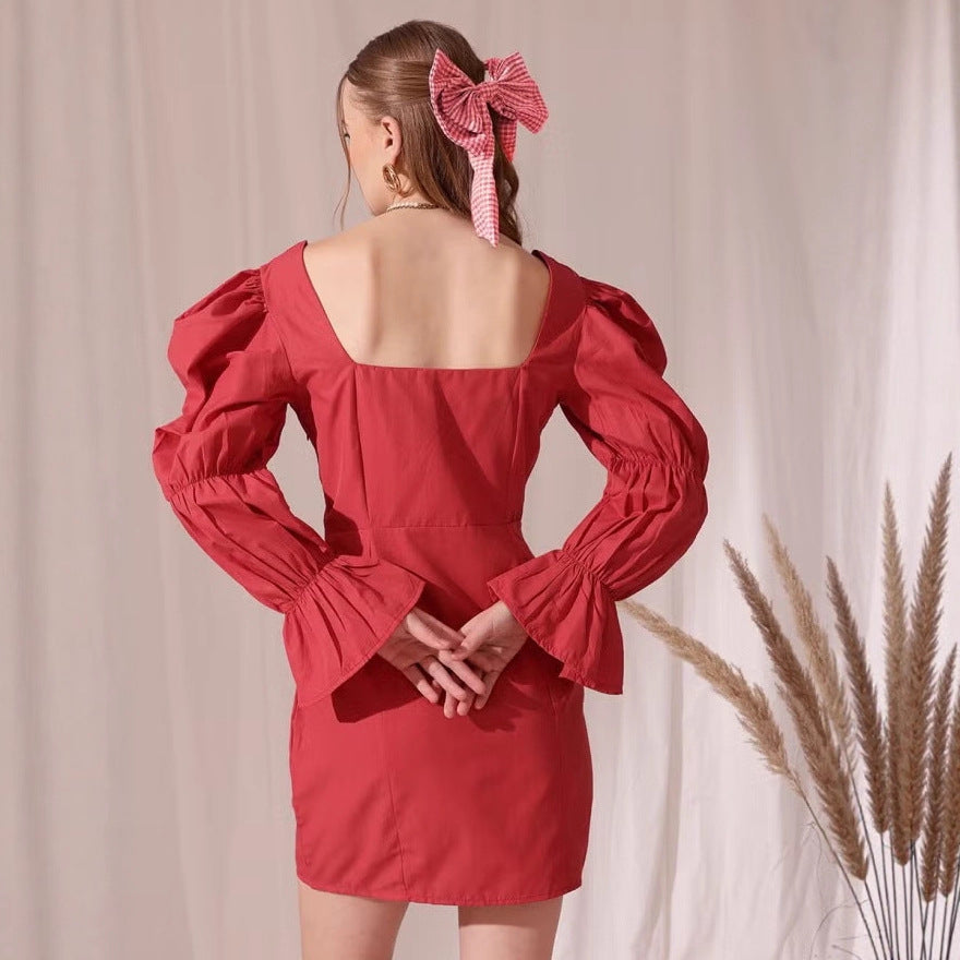 Damen Puffärmeliges Mini-Kleid mit eckigem Ausschnitt, Kordel-Bustier und Glockenärmeln Shop Nory