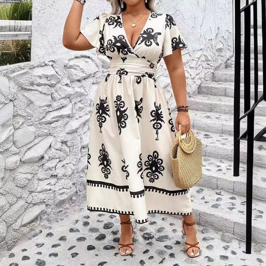 Damen Wickel-Midikleid mit taillierter Drapierung und dekorativem Bordürenprint Shop Nory