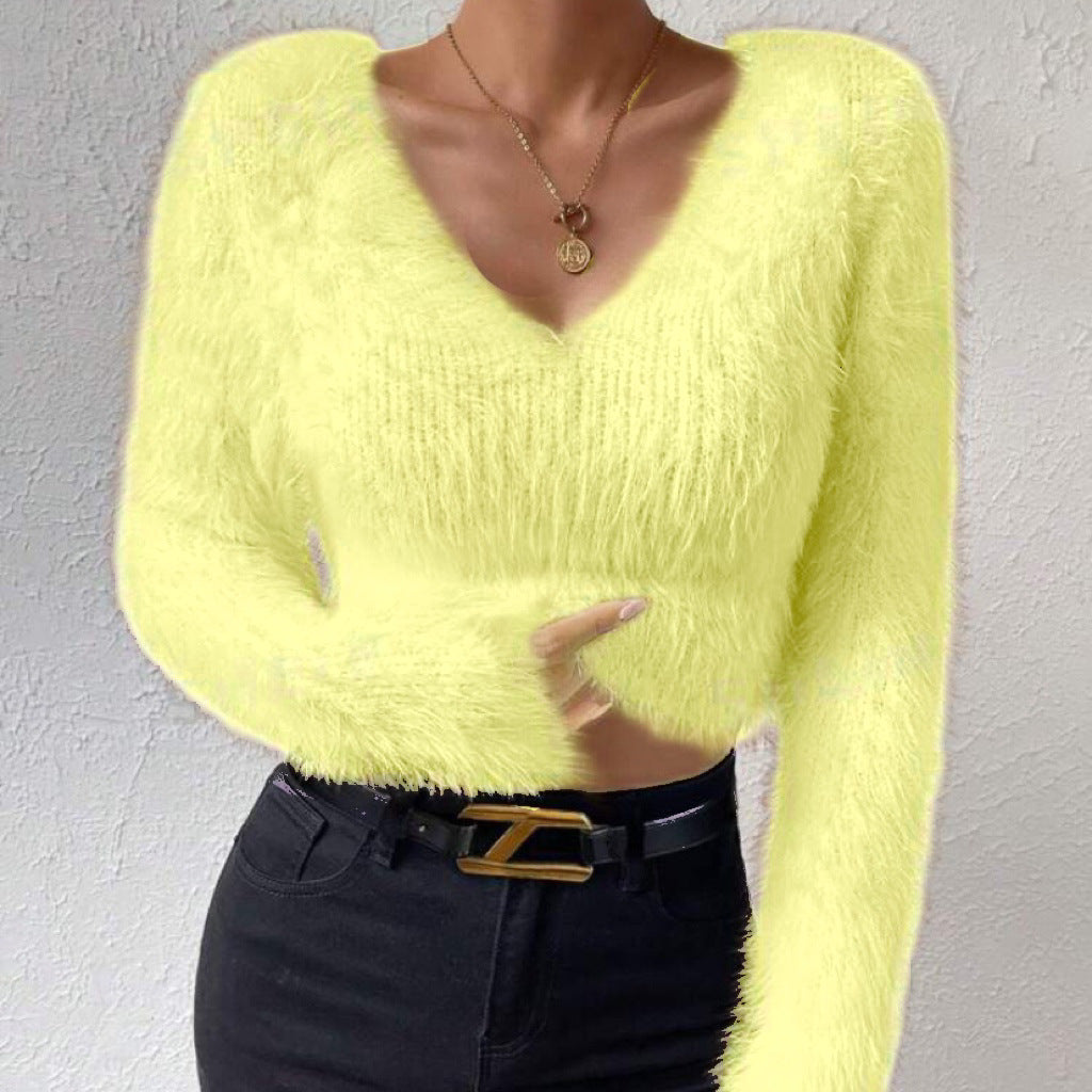 Damen Flauschiger Crop-Pullover mit V-Ausschnitt und Eyelash-Struktur Shop Nory