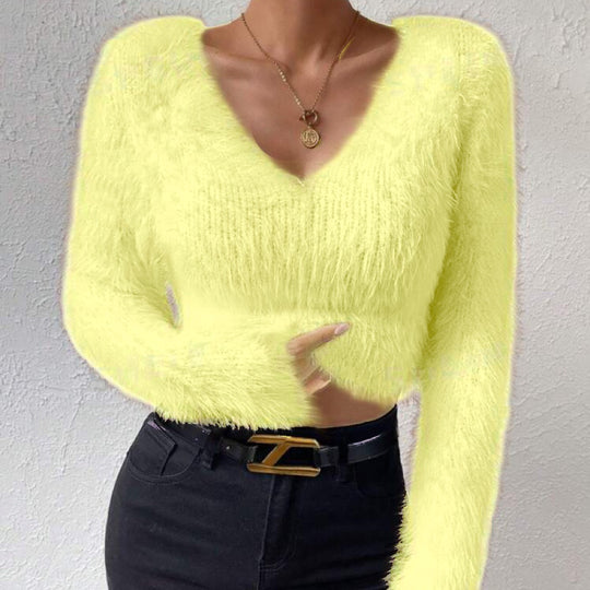 Damen Flauschiger Crop-Pullover mit V-Ausschnitt und Eyelash-Struktur Shop Nory