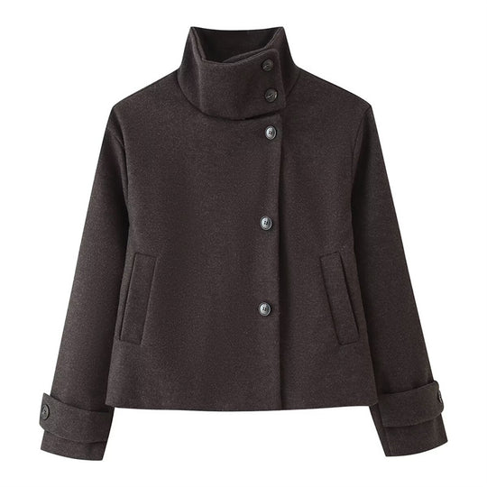 Damen kurze Boxy-Wolljacke mit Stehkragen und Manschetten Shop Nory