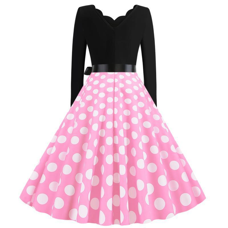 Damen Retro-Swingkleid mit langen Ärmeln tailliertem Oberteil gepunktetem Tellerrock und Schleifengürtel Shop Nory