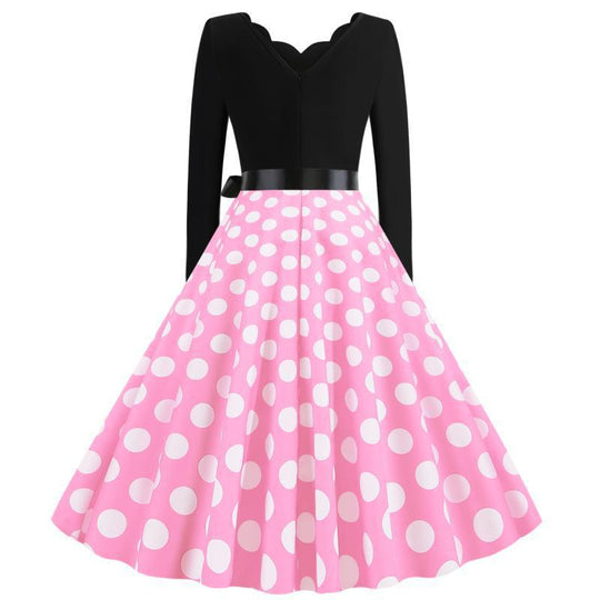 Damen Retro-Swingkleid mit langen Ärmeln tailliertem Oberteil gepunktetem Tellerrock und Schleifengürtel Shop Nory