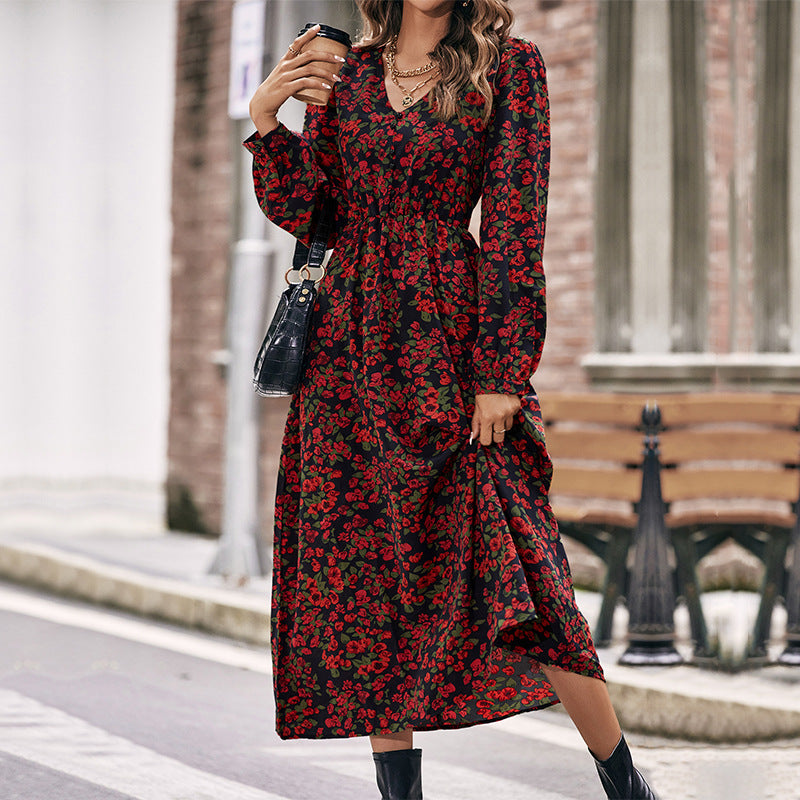 Damen Langes florales Maxikleid mit V-Ausschnitt, gerafftem Smokbund und fließendem A‑Linien‑Rock Shop Nory