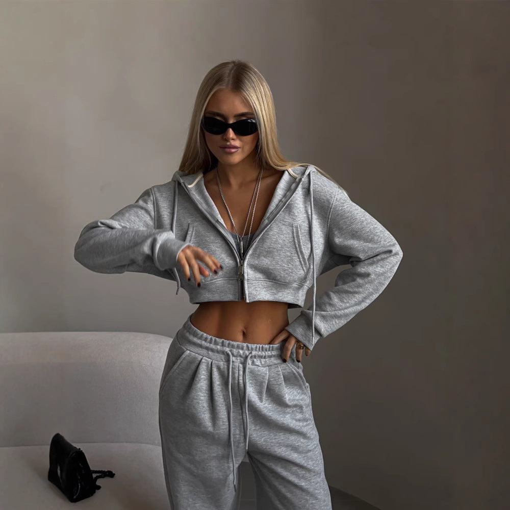 Damen stylisches Crop-Set aus Kapuzenpullover und bequemen Jogginghosen