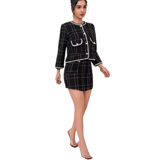 Damen Zweiteiliges Bouclé-Blazer-Set mit Zierstreifen und tailliertem Minirock Shop Nory