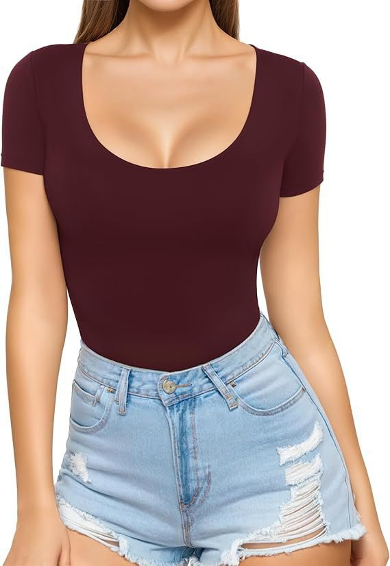 Damen figurbetontes Kurzarm-Body mit rundem Ausschnitt und nahtlosem Design