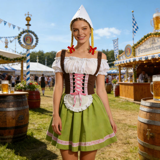 Damen nan traditionelles Dirndl-Kostüm mit Schnürung, Schürze und spitzem Kopftuch Shop Nory