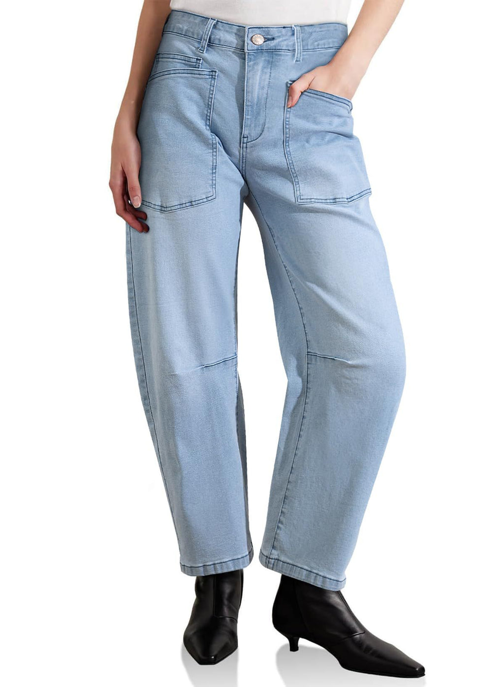 Damen halbhohe Denim-Hose mit einzigartigen aufgesetzten Taschen Shopnory