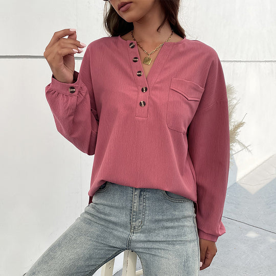 Damen Texturiertes Henley-Blusenshirt mit Knopfleiste und Brusttasche Shop Nory