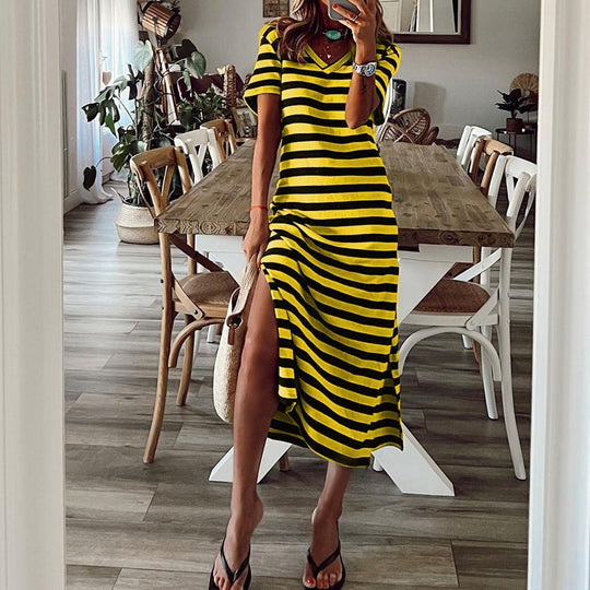Gestreiftes Patchwork-Freizeitkleid mit V-Ausschnitt und kurzen Ärmeln