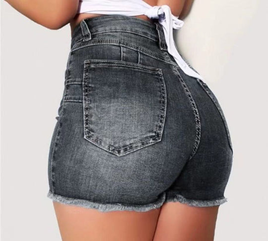 Damen Jeans-Shorts mit hohem Bund und ausgefranstem Saum