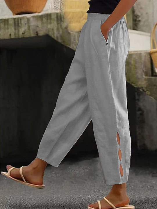 Damen Leichte Leinenhose mit seitlichen Schlitzen und elastischem Bund