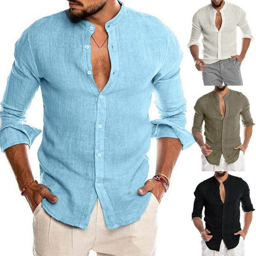 Herren nan Leinenhemd mit Stehkragen, durchgehender Knopfleiste und legerer Slim-Fit-Passform