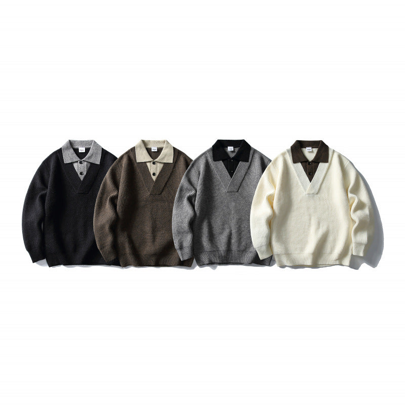 Herren Pullover mit Polo-Halbknopfblende, Oversize-Rippstrick und V-Ausschnitt-Detail Shop Nory