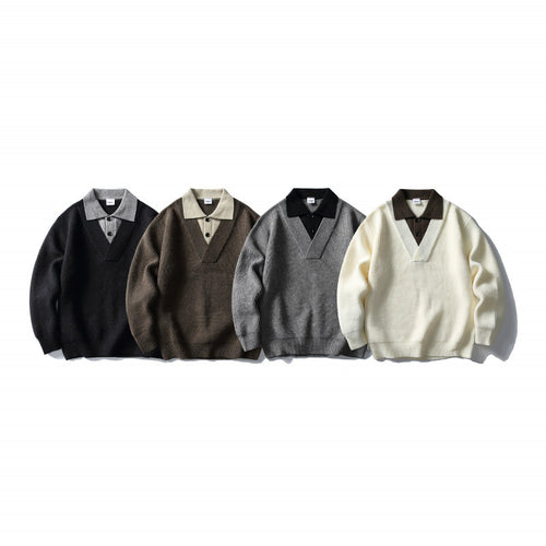 Herren Pullover mit Polo-Halbknopfblende, Oversize-Rippstrick und V-Ausschnitt-Detail Shop Nory