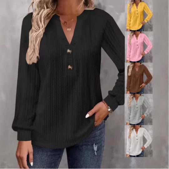 Damen Strukturiertes V‑Neck Langarmshirt mit Zierknopfleiste Shop Nory