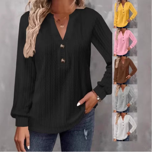 Damen Strukturiertes V‑Neck Langarmshirt mit Zierknopfleiste Shop Nory