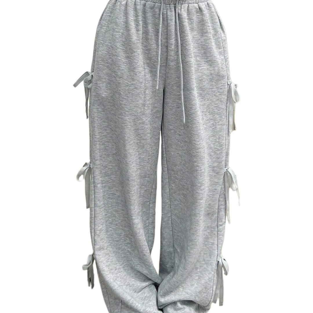 Damen lockere Wide‑Leg Loungehose mit elastischem Bund, Kordelzug und seitlichen Zierschleifen Shop Nory