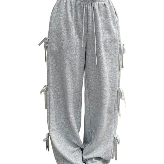Damen lockere Wide‑Leg Loungehose mit elastischem Bund, Kordelzug und seitlichen Zierschleifen Shop Nory