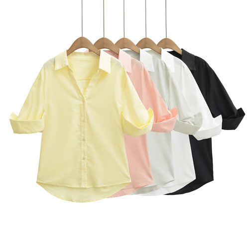 Damen Leichte Oversize Leinenoptik-Bluse mit Kentkragen und krempelbaren Ärmeln Shop Nory