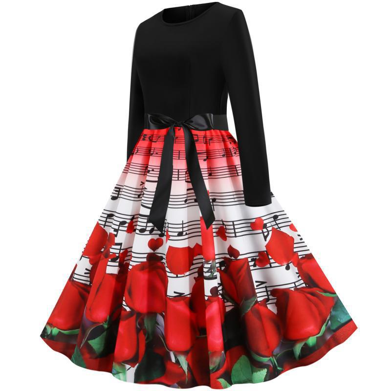 Damen tailliertes A-Linien Kleid mit Noten- und Rosenprint Langarm und Taillenschleife Shop Nory
